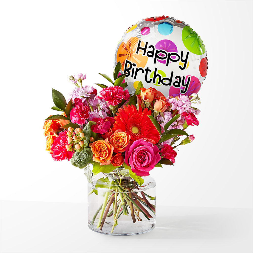 Fiesta Bouquet with Birthday Balloon – Olive Branch Flowers, Chittenango NY