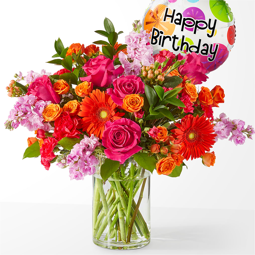Fiesta Bouquet with Birthday Balloon – Olive Branch Flowers, Chittenango NY