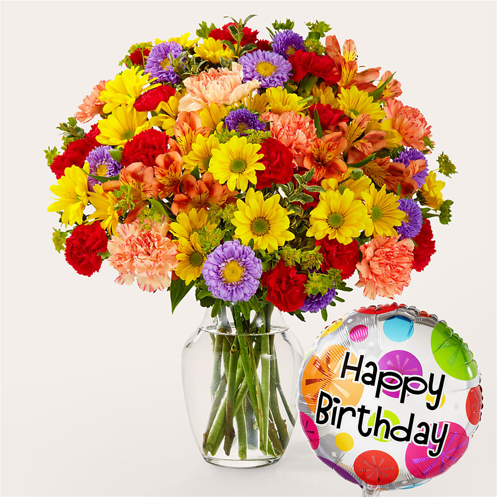 Kaleidoscope Bouquet with Birthday Balloon – Olive Branch Flowers, Chittenango NY
