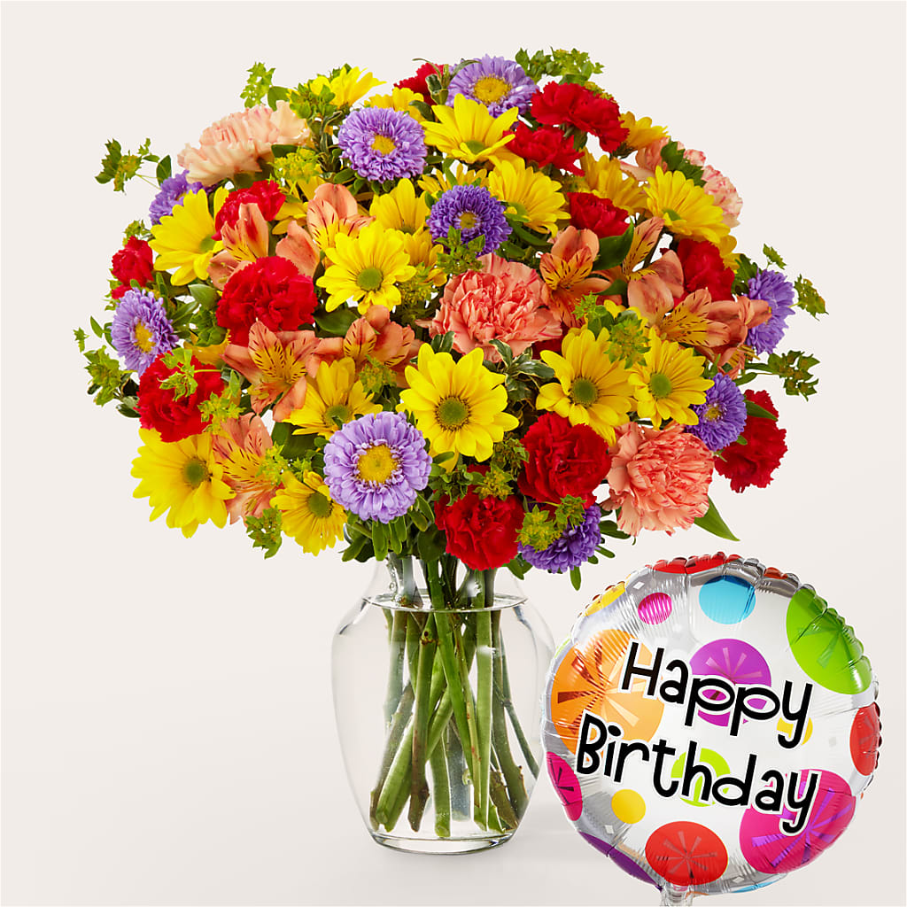 Kaleidoscope Bouquet with Birthday Balloon – Olive Branch Flowers, Chittenango NY