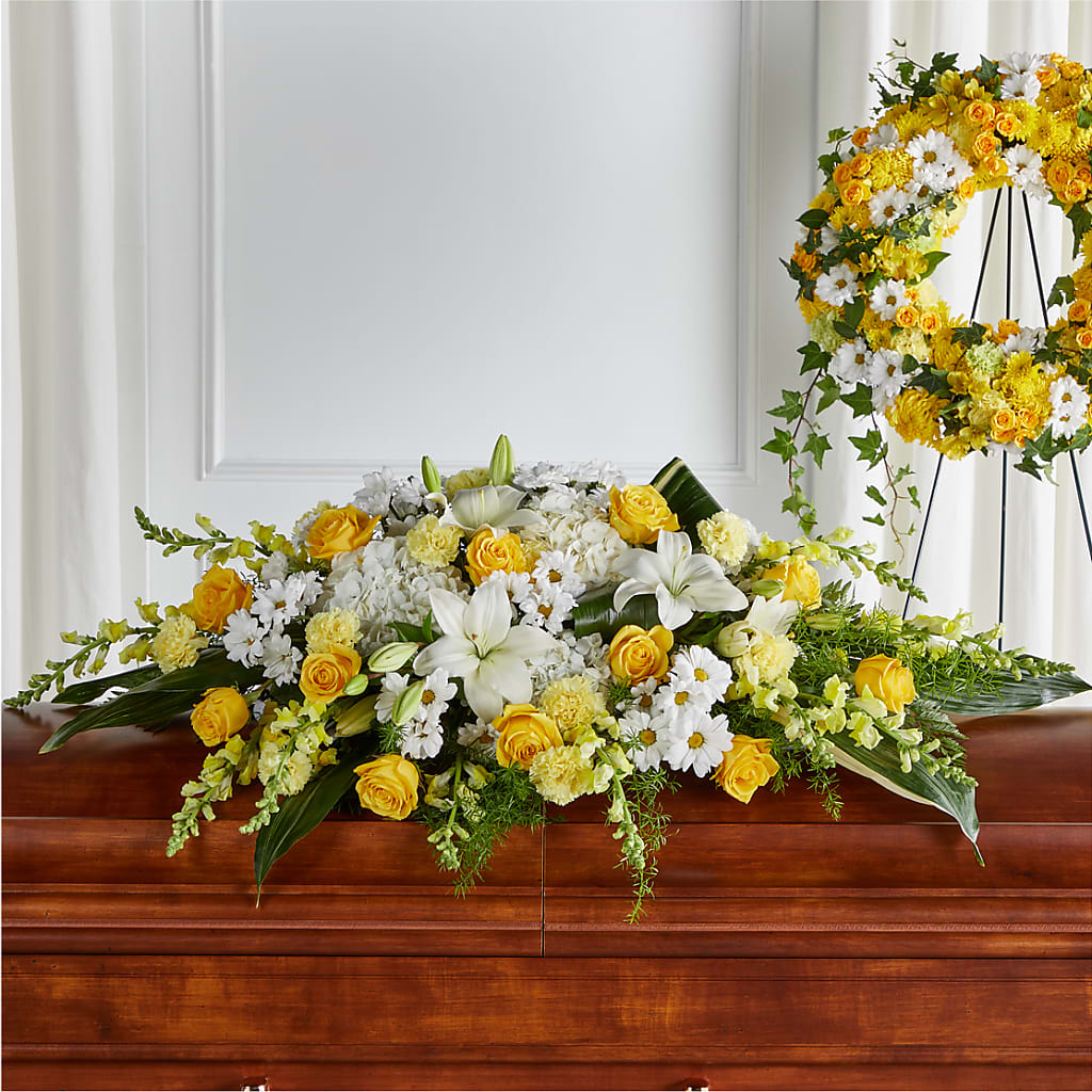 Golden Harmony Casket Spray – Olive Branch Flowers, Chittenango NY