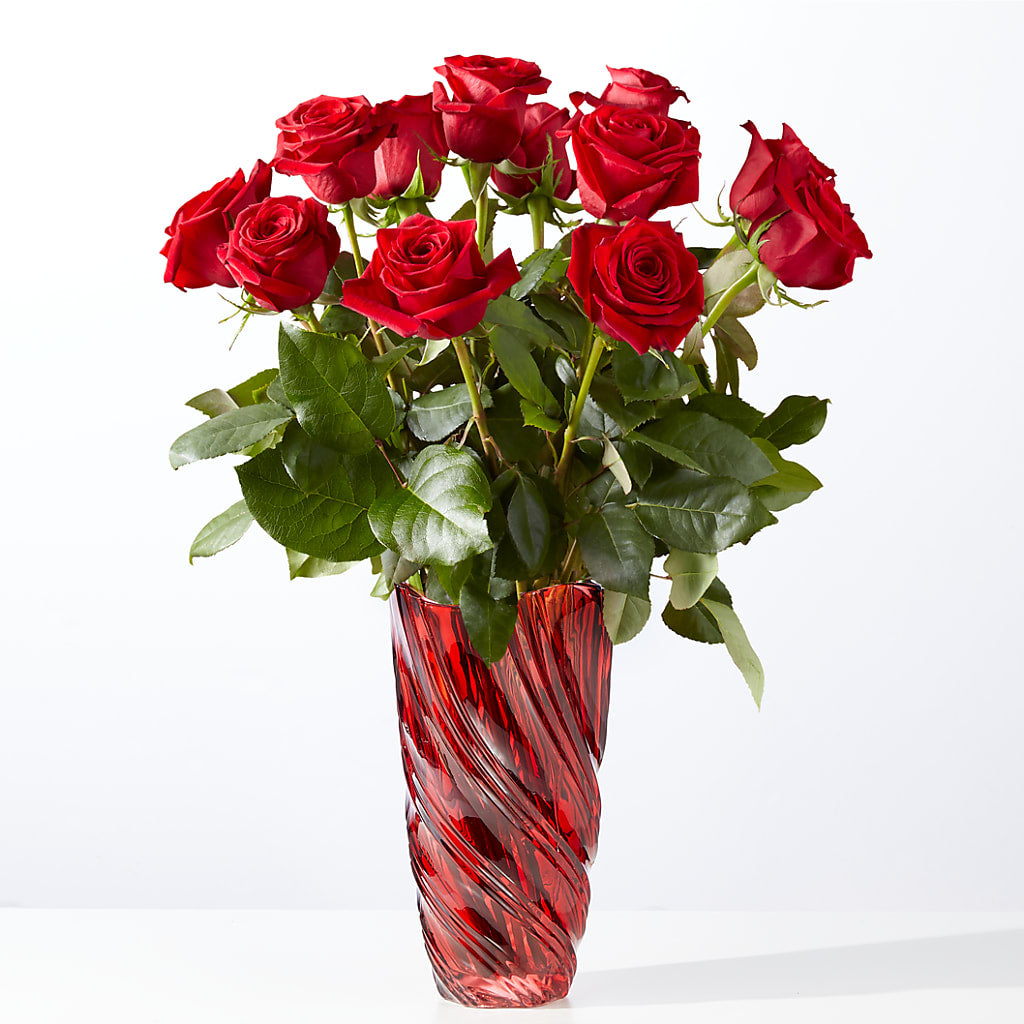 Classic Love Red Rose Bouquet with Luxe Swirl Vase – Olive Branch Flowers, Chittenango NY